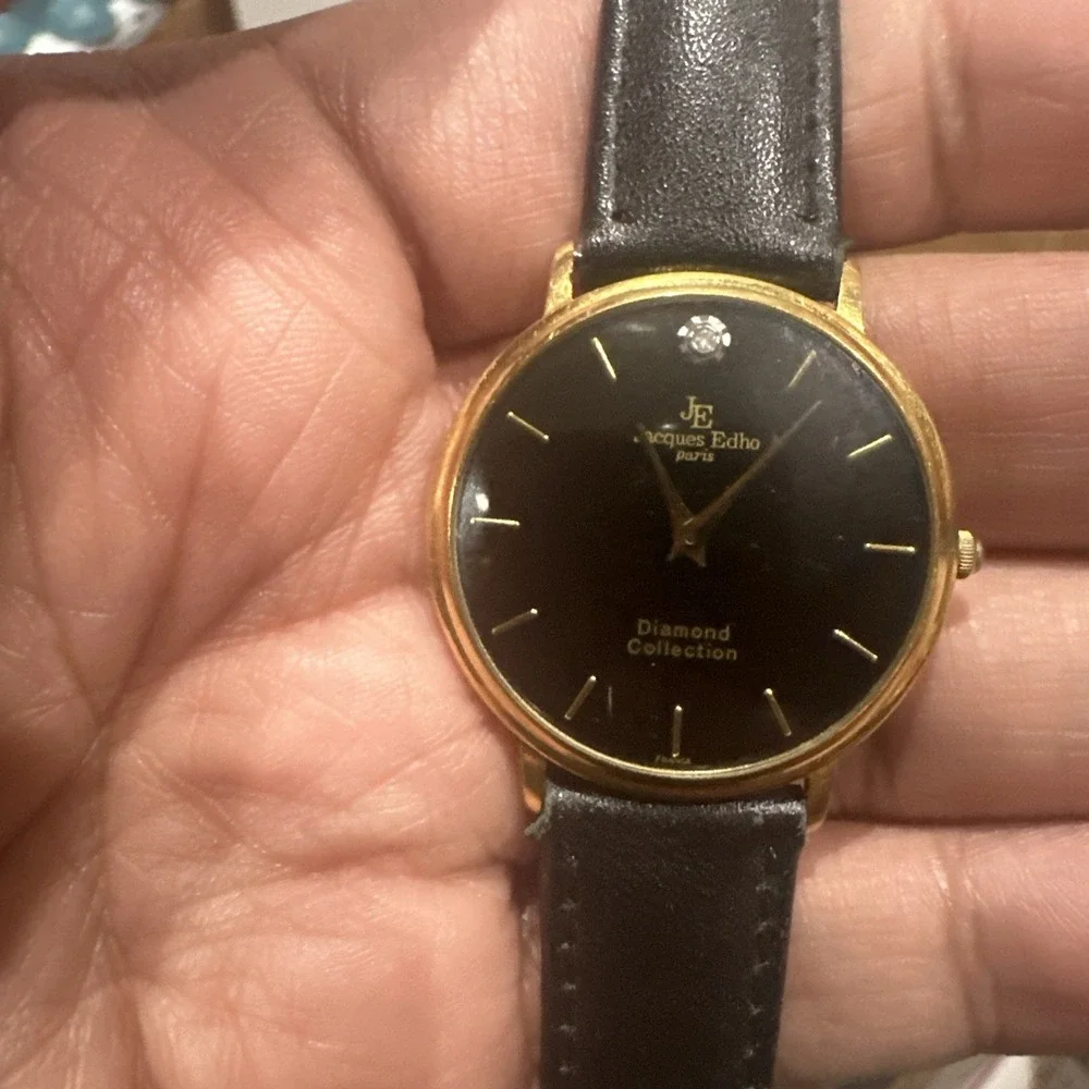 Works Jacques Edho Paris Diamond Quartz Mens watch 18K Gold Plate Black Leather
